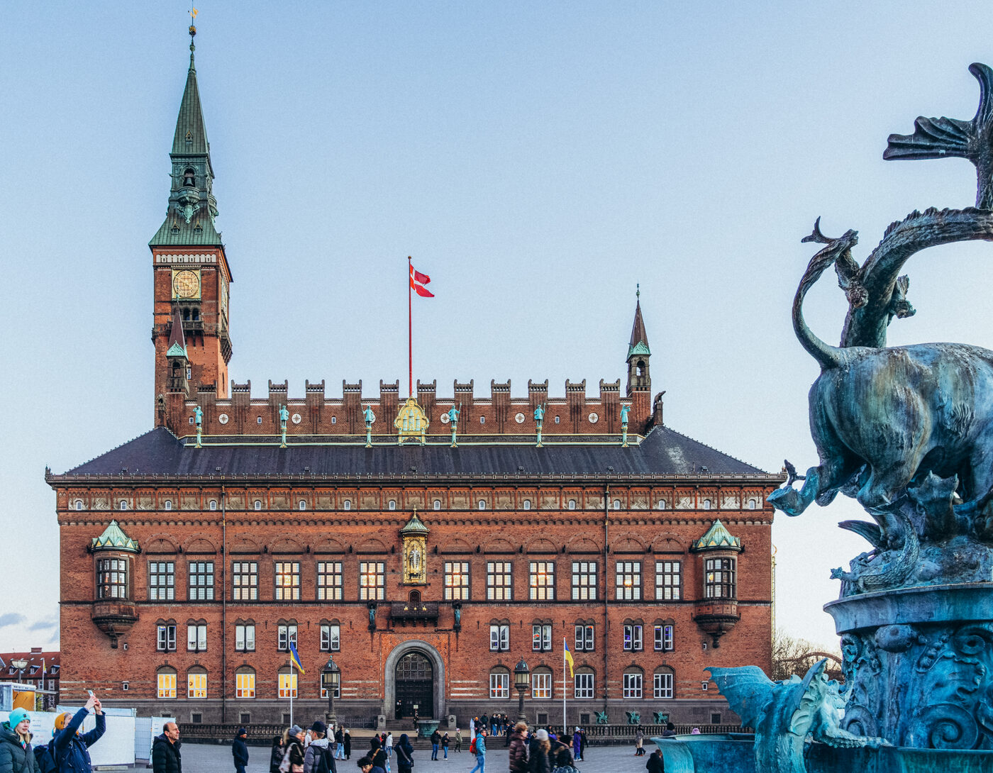 Copenhagen City Hall and the Dragon Fountain on the square