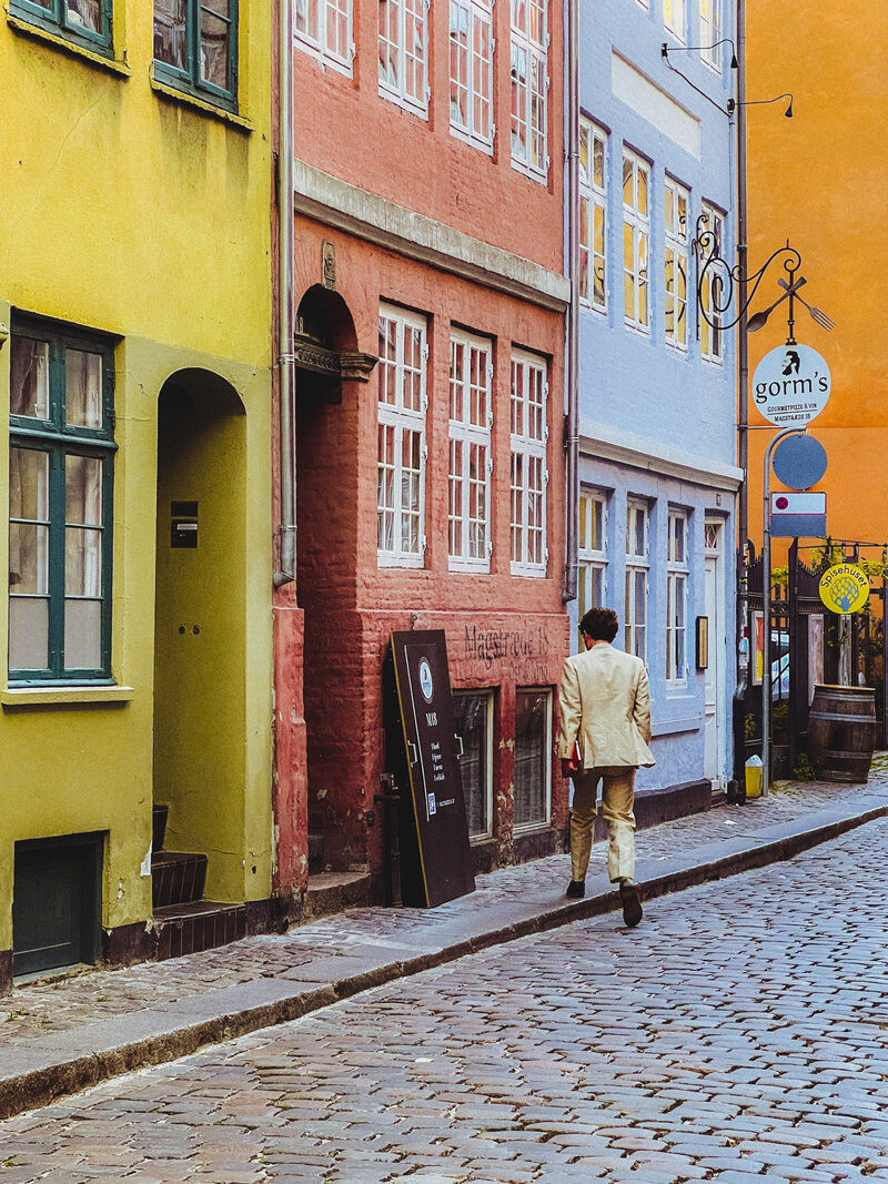 Colourful old houses along cobbled Magstræde