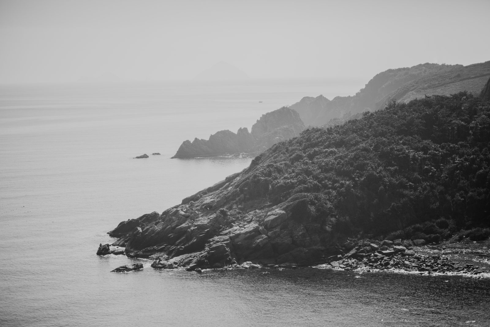 Rocky coastline in the mist, Vietnam