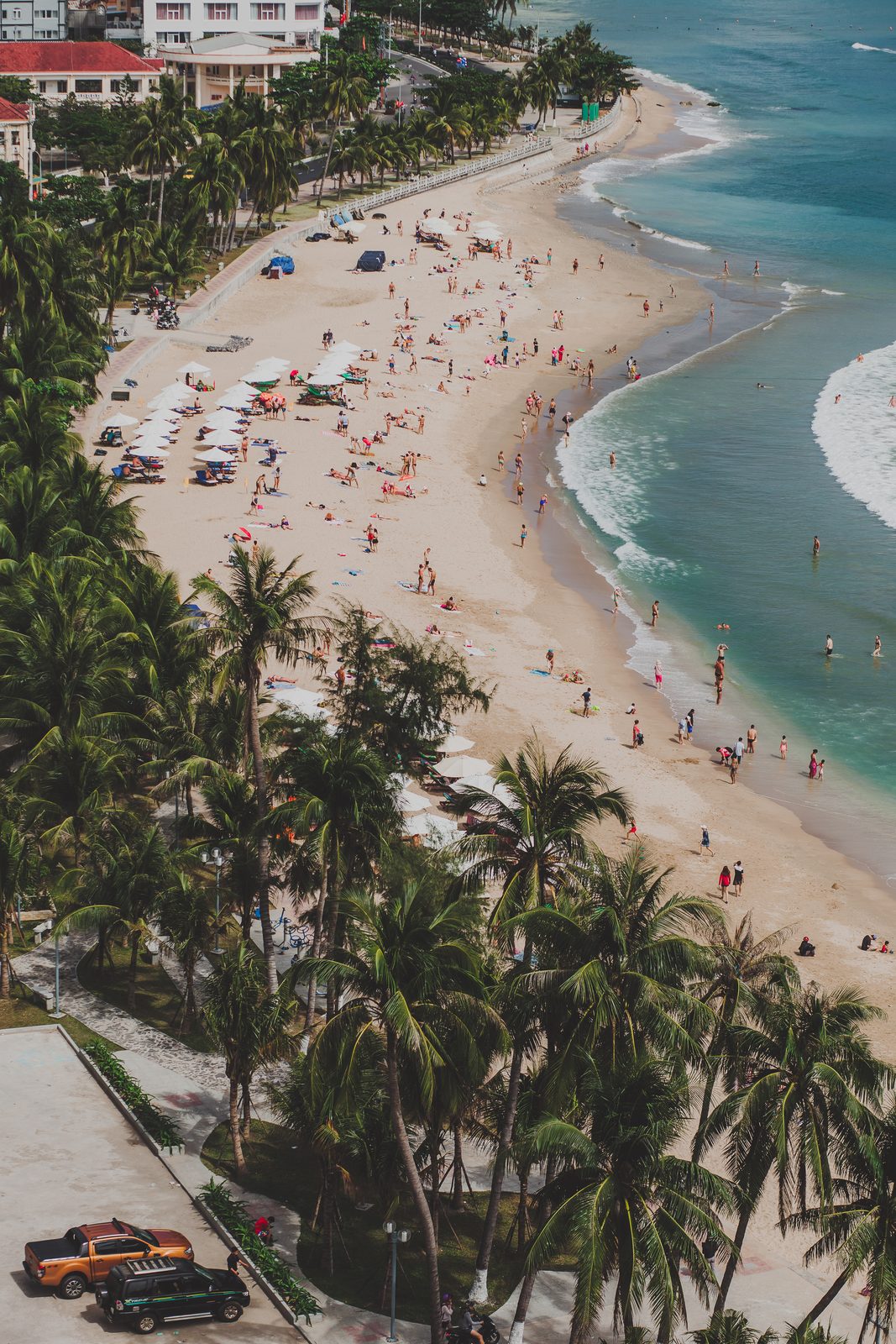 The beach and palms of Nha Trang from above, Vietnam